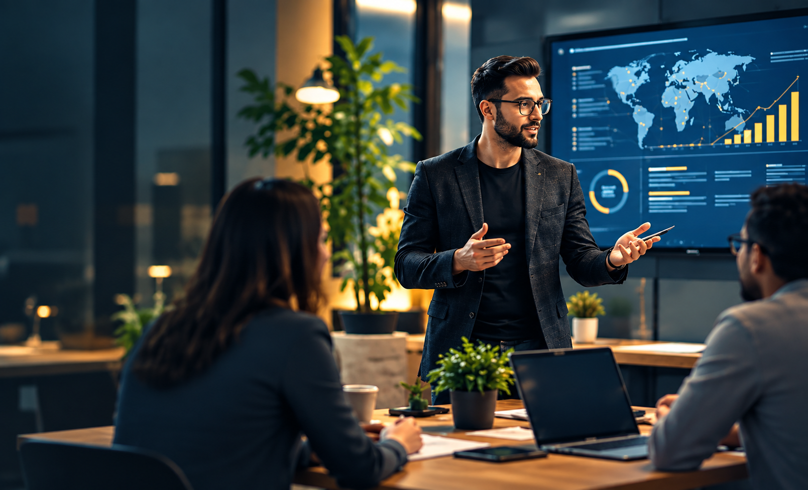 Business team reviewing a presentation in a modern office